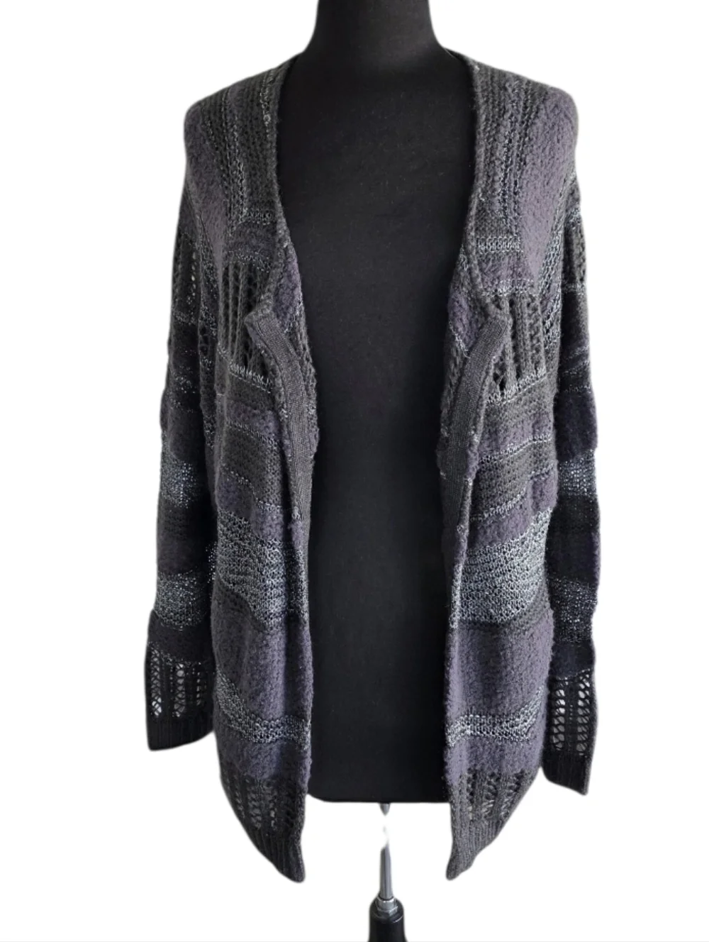 Free People XS Rare Woven Open-Front Textured Knit Cardigan Charcoal Gray